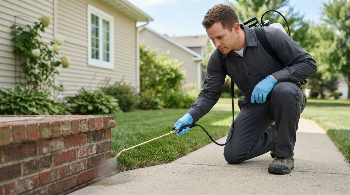 Pest control technician treating a home near Columbus, OH